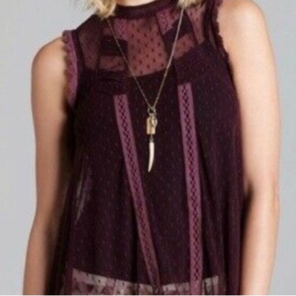 Free People Burgundy Sheer High-Low Blouse